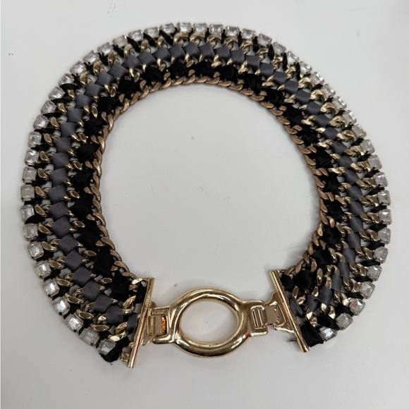 Stella & Dot Tempest Bib Necklace woven steel chain, rhinestones,silk ribbon. - Picture 3 of 7